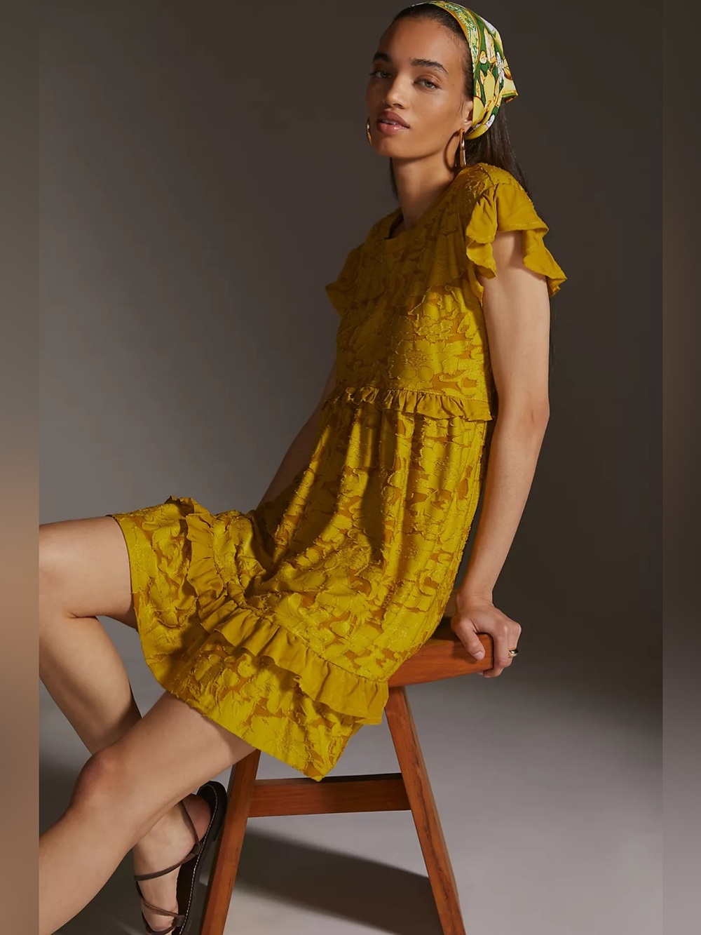 Anthropologie chartreuse Yellow Ruffle knit mini Dress back cutout burnout small - Picture 2 of 10